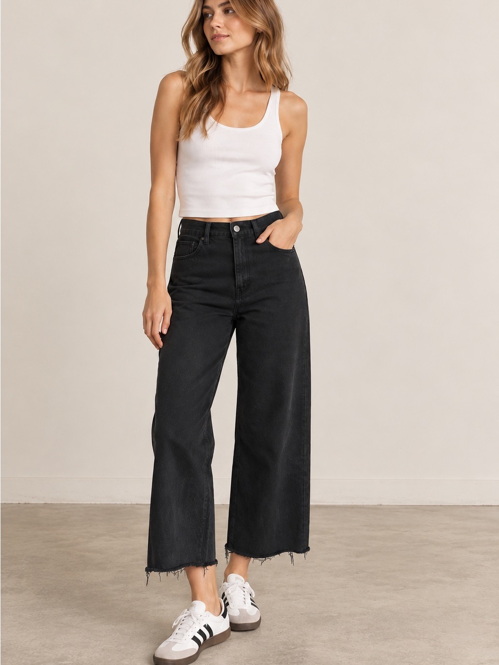 Avec Les Filles Black High Rise Wide Leg Crop Raw Hem Jeans | Size 30